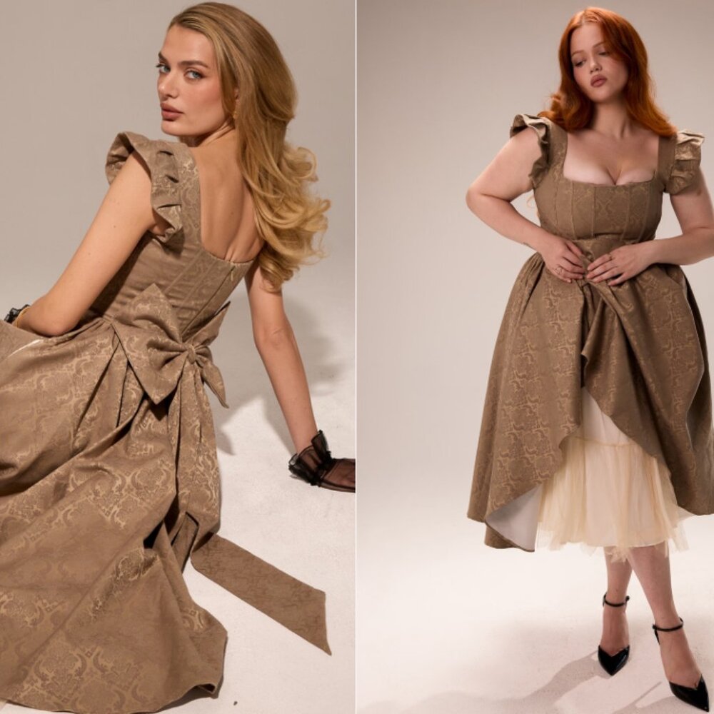 HOUSE OF CB 'Alessandra' Gold Jacquard Midi Dress w/ Detachable Bow NWOT - Picture 4 of 10